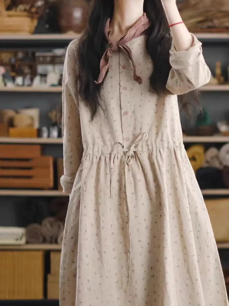 Sukienka damska na jesień 2025, elegancka, z kwiatowym nadrukiem, w stylu retro, luźna, midi, codzienna, do biura, o kroju litery A.