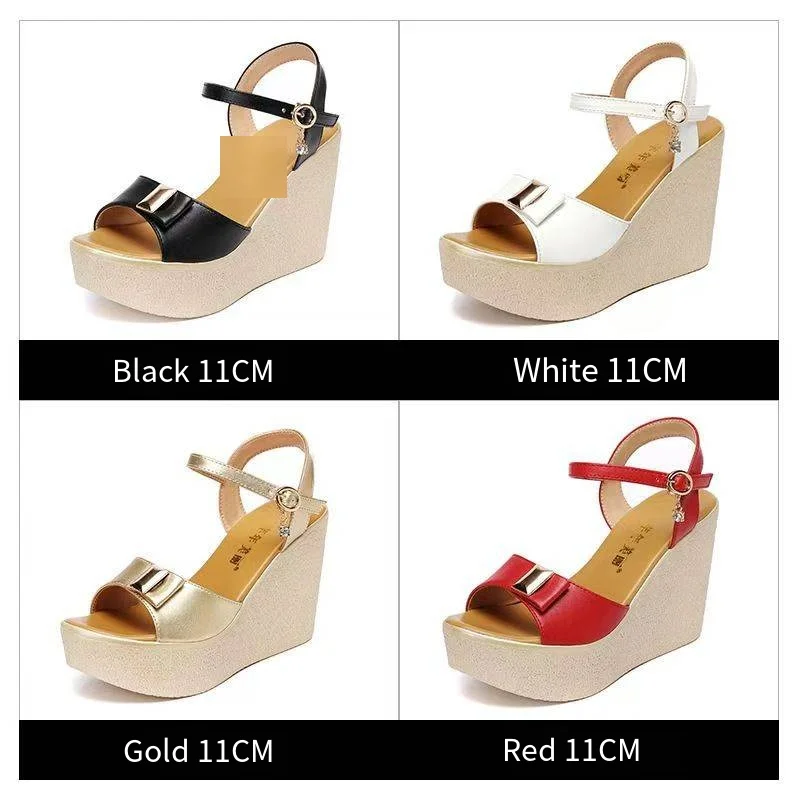 オープントゥプラットフォームサンダル　大きいサイズ32-43　レディースシューズ　リボン付きハイヒール　11CMウェッジサンダル　エレガントオフィスサンダル　ゴールド