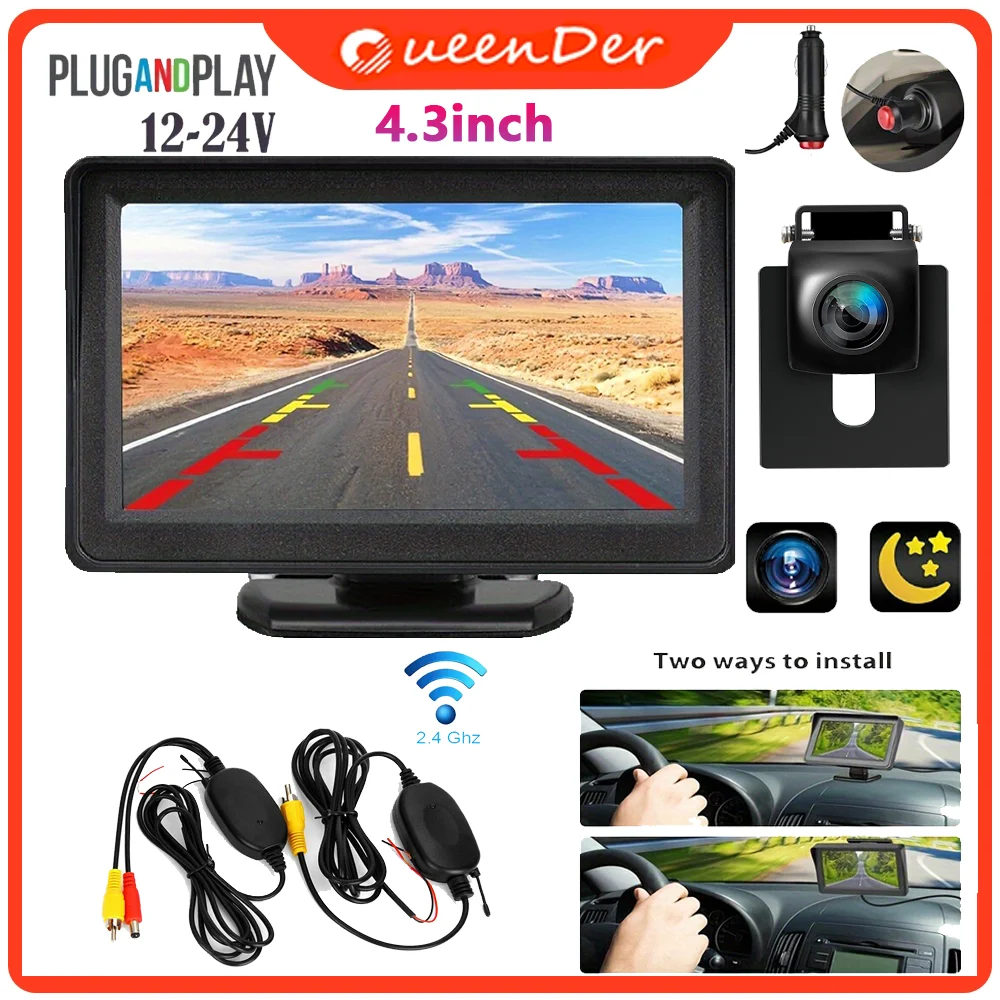 QueenDer  Reversing Camera Wireless Car Rear View HD Parking System Night Vision Function + 4.3” Monitor, Model Common