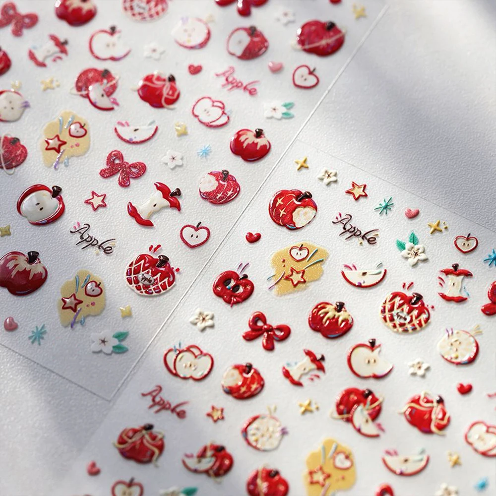 Pegatinas navideñas 5D con lazo de manzana roja para decoración de uñas, pegatinas adhesivas de flores y estrellas de manzana, deslizador de uñas de fruta Holiay