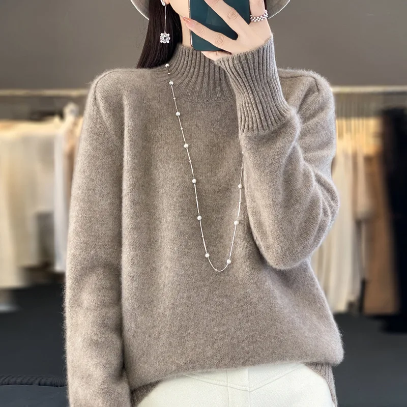 Half-turtleneck Warm Solid Color Cashmere Women Pullover Long Sleeve Loose Casual New Knitted Sweater