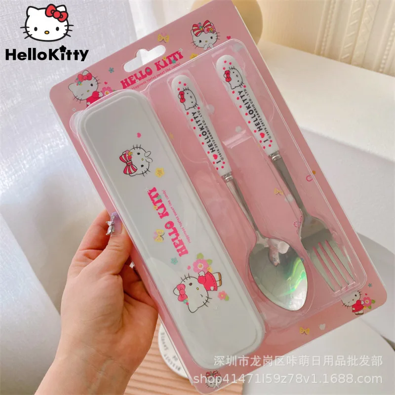 Sanrio Hello KItty Cinnamoroll Melody Cute Cartoon Stainless Steel Tableware 2-piece Set, Student School Portable Fork Spoon Set