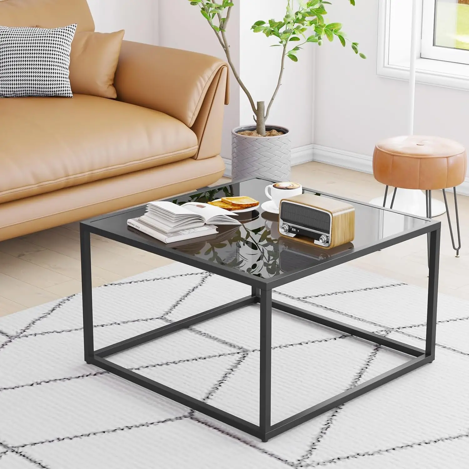 Coffee Table, Tempered Glass Square Coffee Tables with Metal Frame