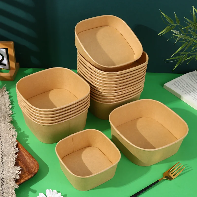 Custom. Kraft Square Box Disposable Takeout Box Lunch Box Fruit Salad Light Meal Bento Bowl with Lid Paper Lunch Box