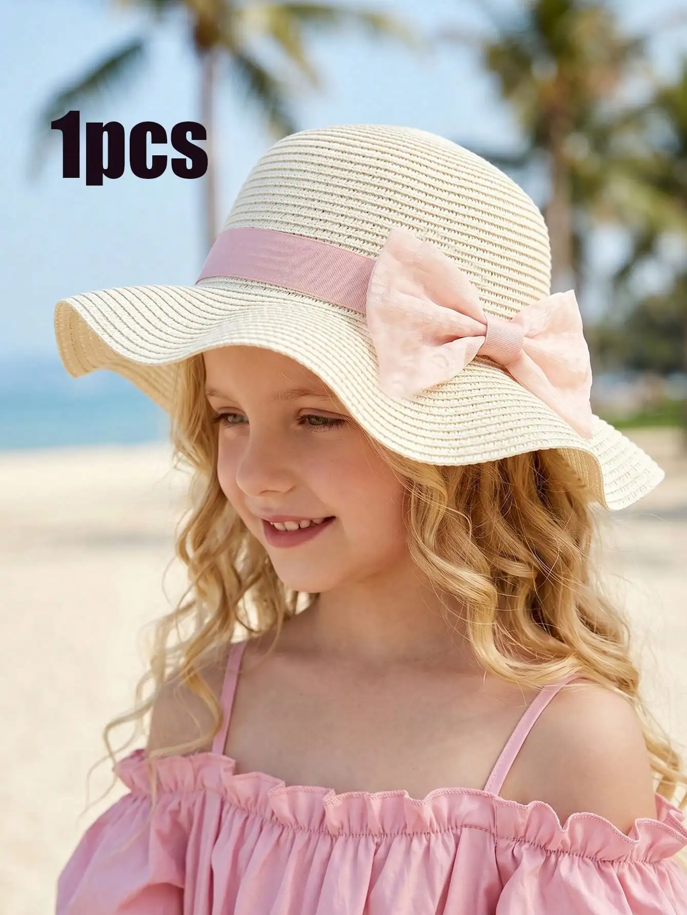 1Pc 3-8Y Girls Beige Wavy Straw Hat Pink Floral Bow Lightweight Breathable Summer Sun