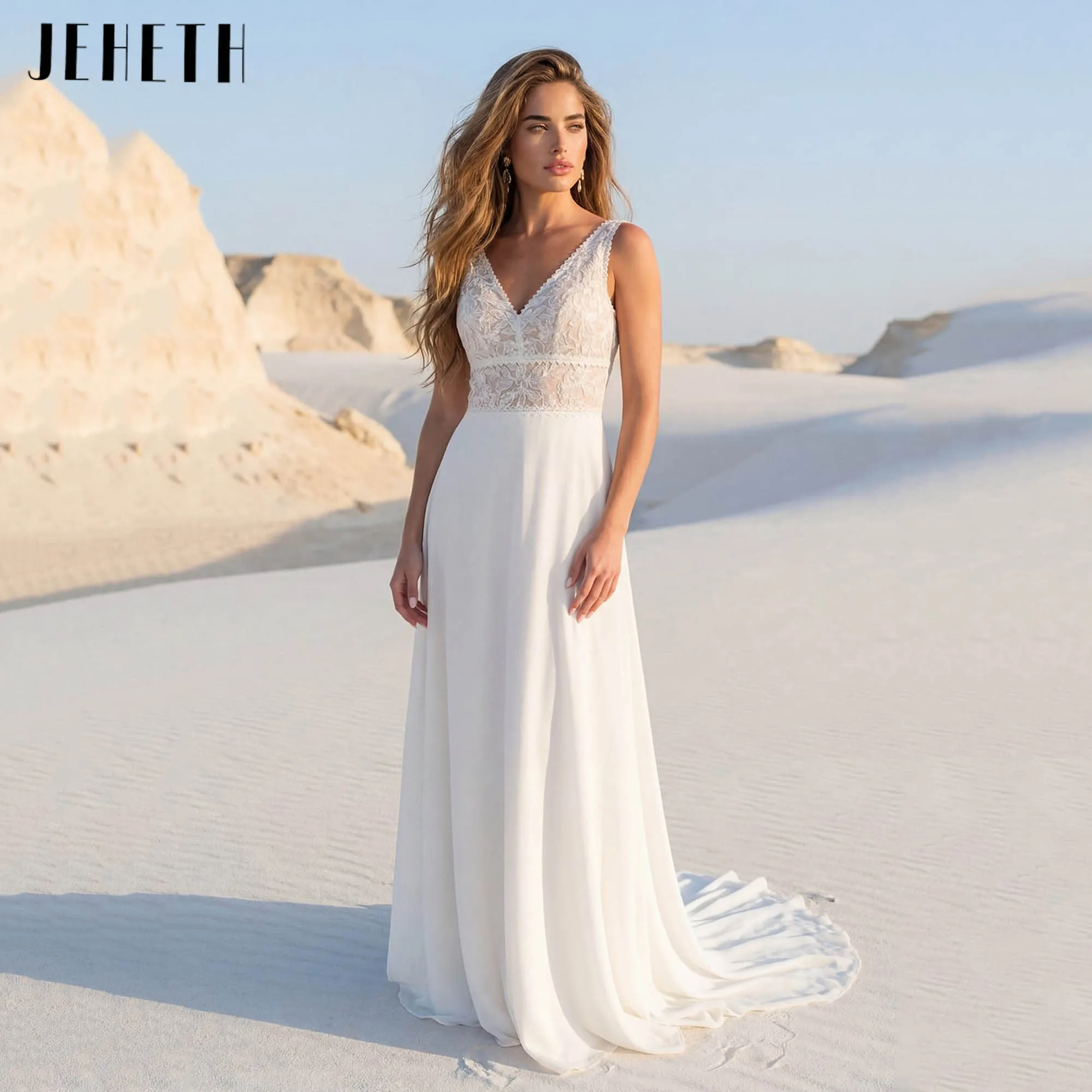 JEHETH Elegant Lace Chiffon Beach Wedding Dress V-Neck A-Line Sleeveless Bridal Gown For Destination Wedding Vestidos Customized