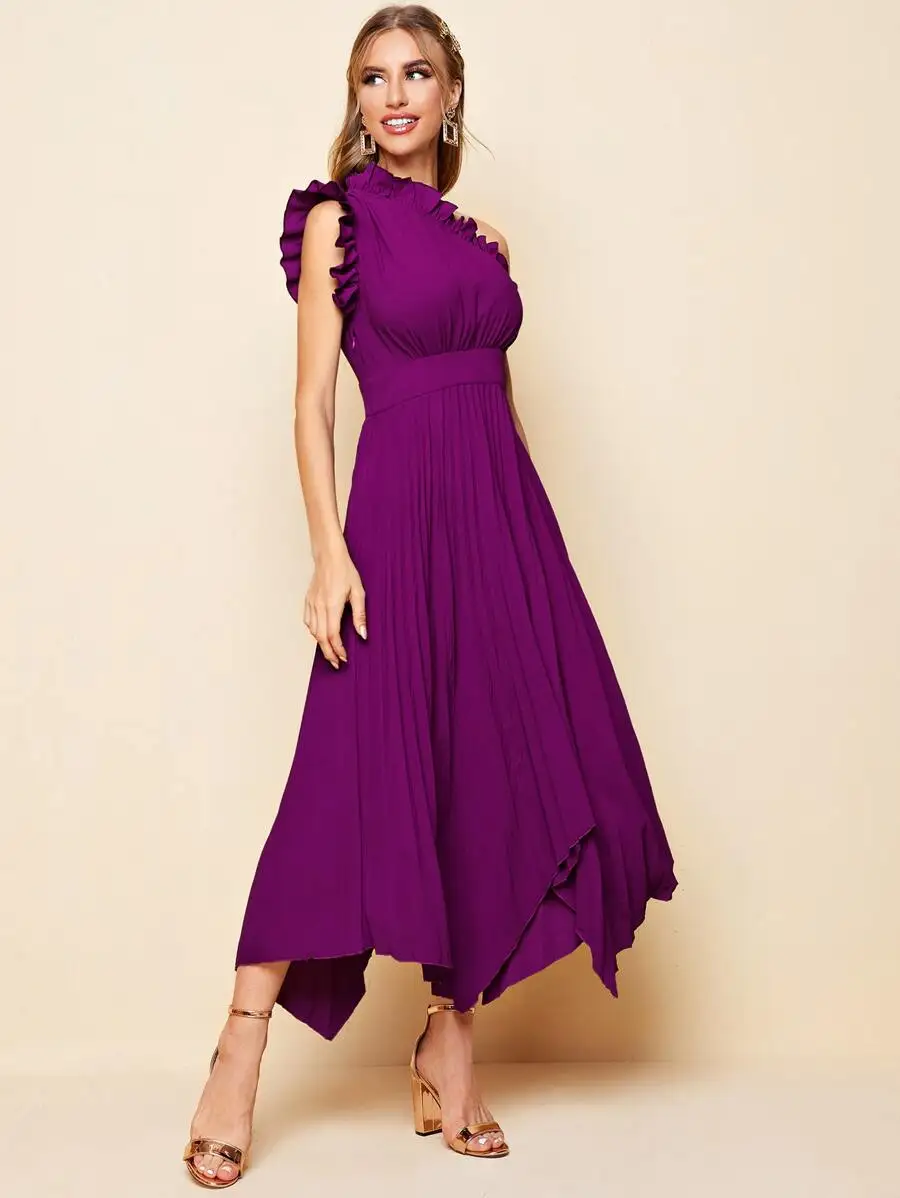 

Asymmetrical Neck Ruffle Pleated Hanky Hem Prom Dress For Wedding Guest Birthday Graduation