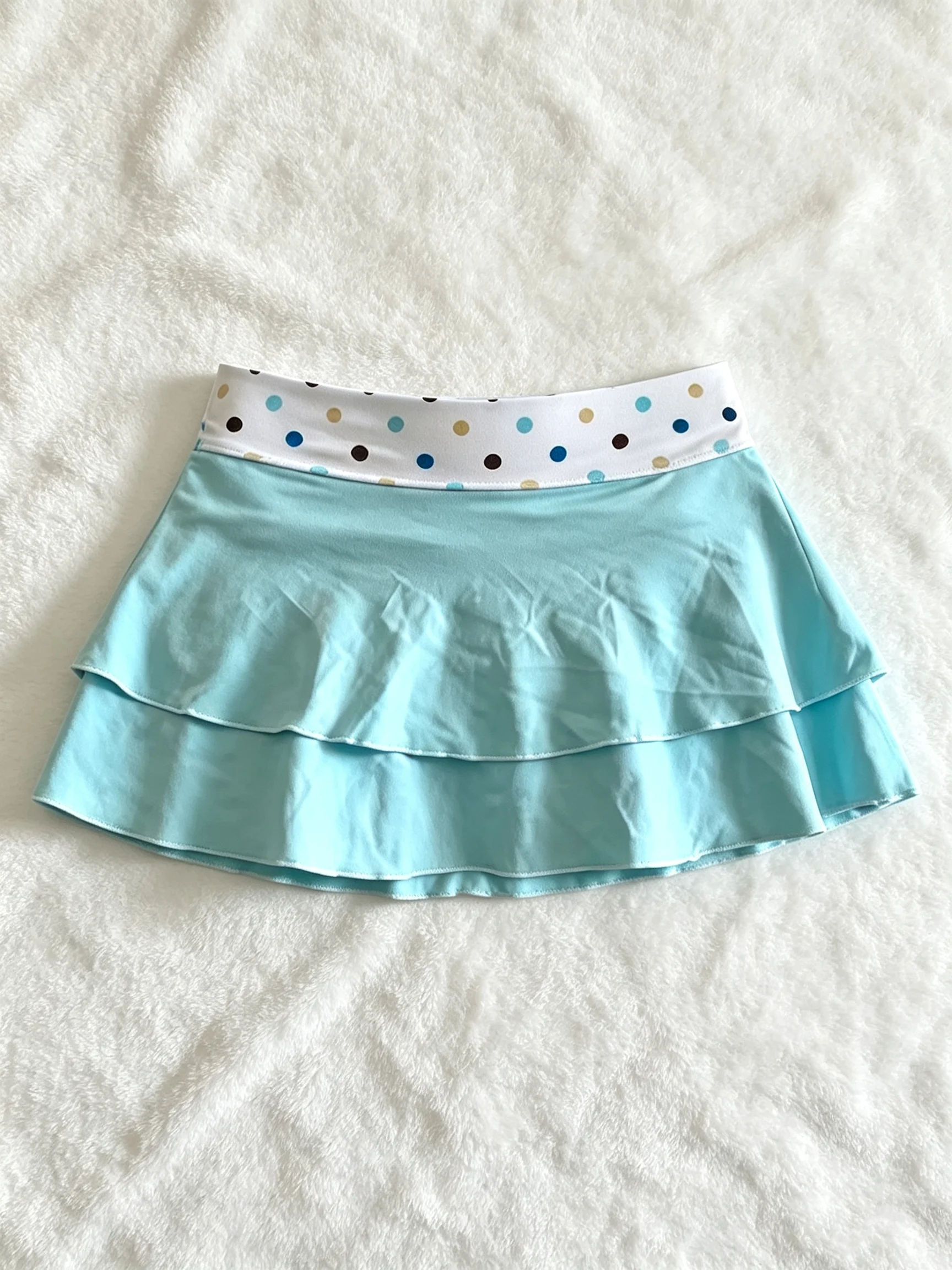 Cute Summer Women Double Tier Ruffle Swim Skirt Polka Dot Waist Light Blue Beach Mini Skort With Liner Shorts
