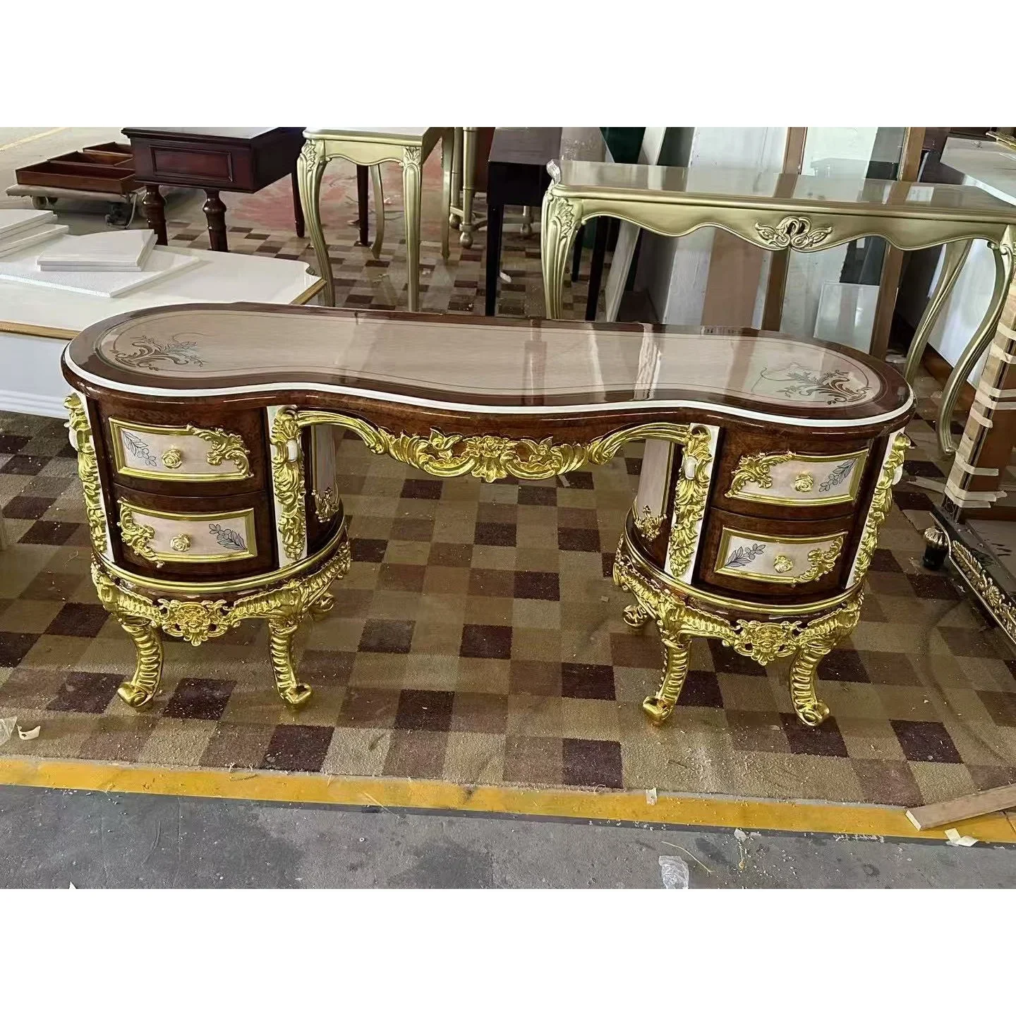 

A Classic European Dresser Set with Carved Wooden Design, Bedroom Mirror and Stool
