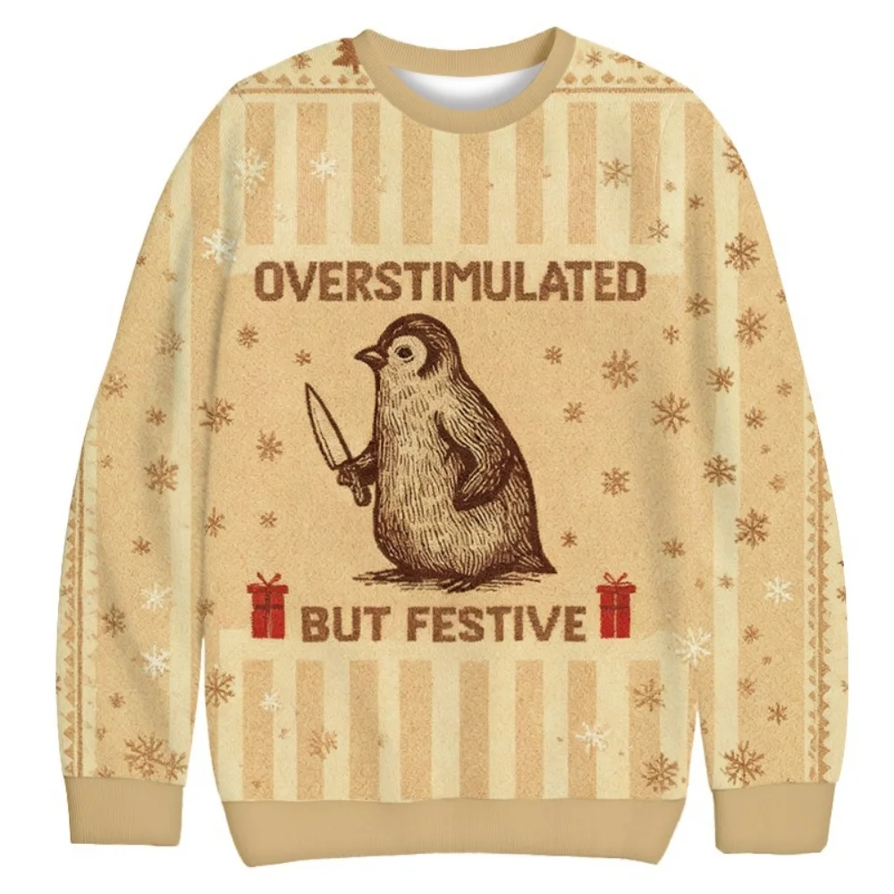 Men's Pullovers Fashion Funny Penguin Overstimulated Printing Christmas Ugly Sweatshirt Long Sleeve Holiday Chic Autumn Tunics