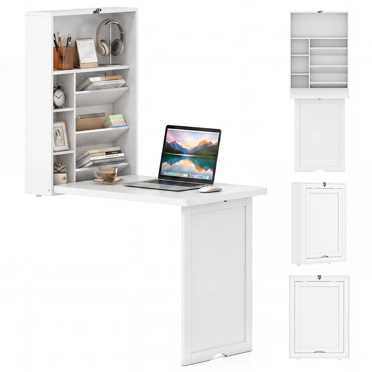 Wall Mounted Foldable Desk with Storage Shelves, Space Saving Floating Table for Home Office, White, Customized