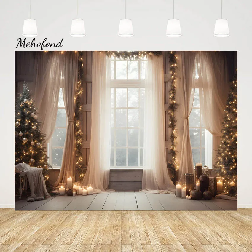 

Mehofond Photography Background Window Christmas Curtains Decor Family Holiday Party Xmas Tree Baby Shower Backdrop Photo Studio