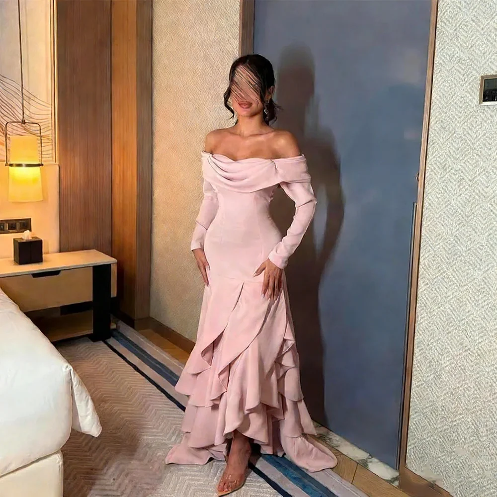 

Pink Off The Shoulder Evening Dress Customized Long Sleeve Ruffles Mermaid Floor-Length Formal Party Dress Prom Dresses