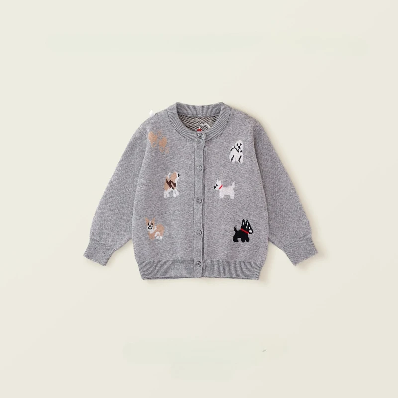 

2025 Autumn and Winter New Girls' Gray Round Neck Puppy Jacquard Warm Sweater Jacket