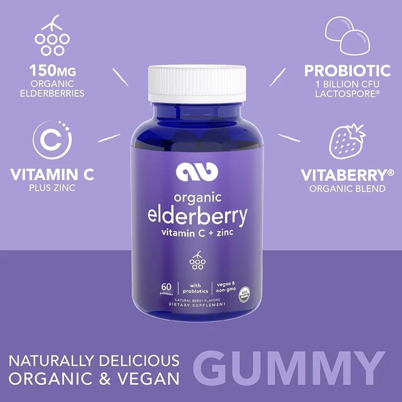 

Elderberry gummies concentrate vitamin C, zinc, and probiotics to support immunity and intestinal health