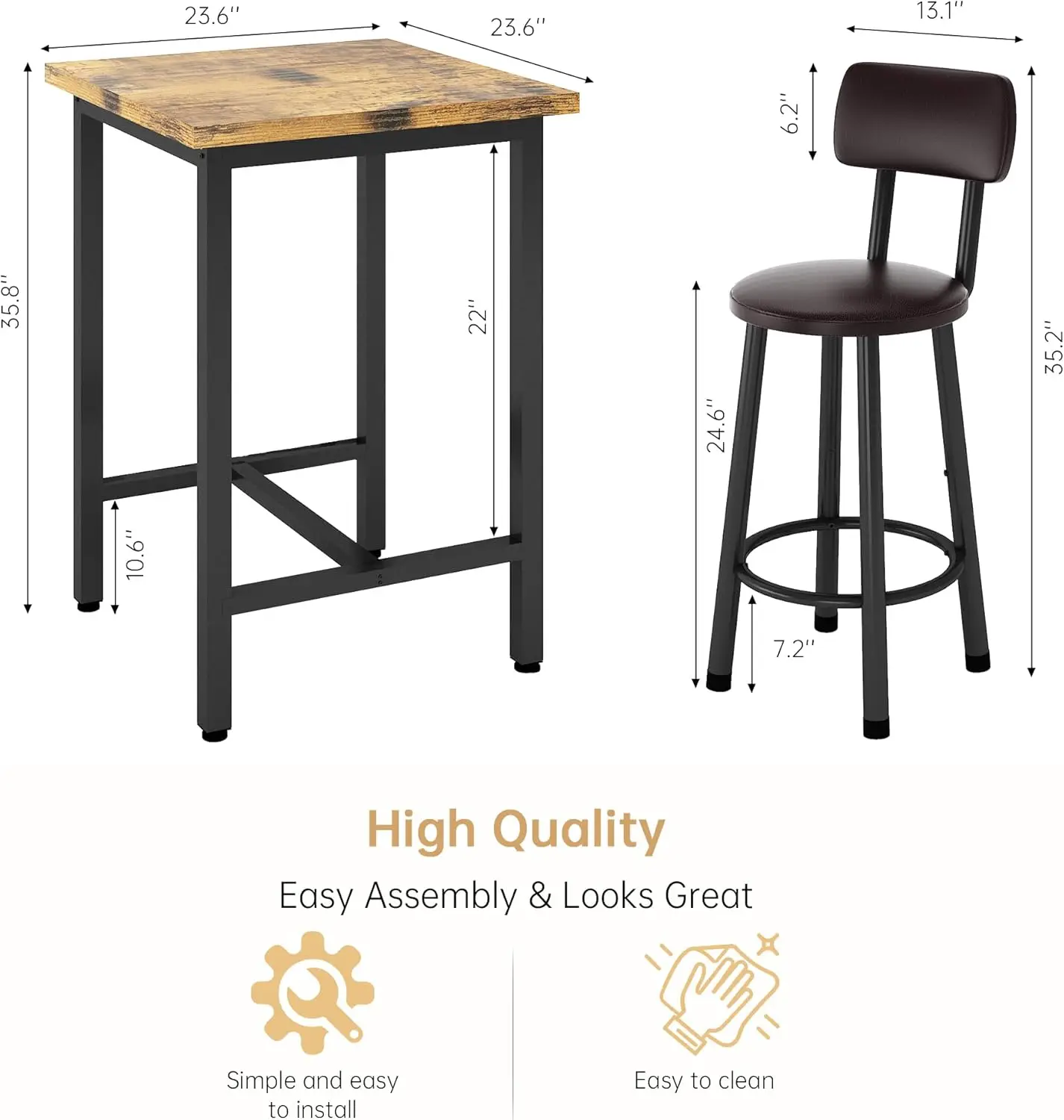 Recaceik 3 Piece Pub Dining Set, Modern Bar Table And Stools For 2 Kitchen Counter Height Wood Top Bistro Easy Assemble For