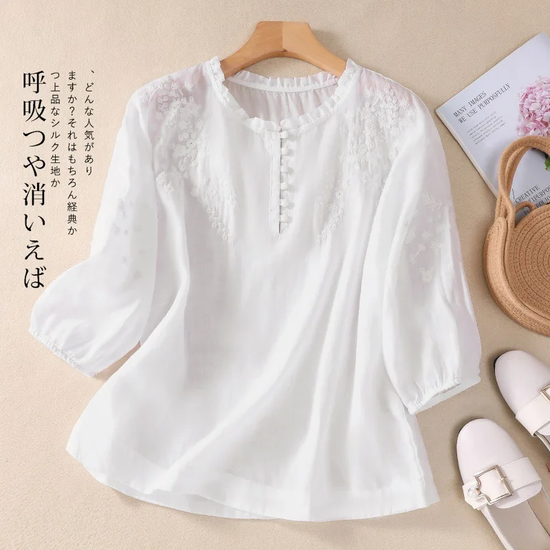 Summer Vintage Shirts Elegant OL Work Blouse Women 3/4 O Neck Loose Sleeve Tops Embroidery Blusas Femme Causal Cotton Chemsie