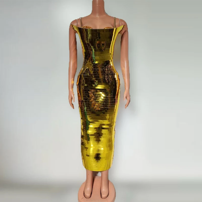 

Bling Gold Laser Party Dress Women Evening Celebrate Gown Bar Nightclub Dj Ds Catwalk Costumes Stage Festival Outfit XS9552