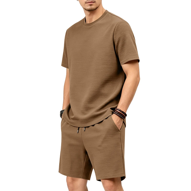 Summer Men's Suit Heavy Texture Knit Crew Neck Two-Piece Set | Casual Short Sleeve T-Shirt and Shorts Set (Multiple Colors)