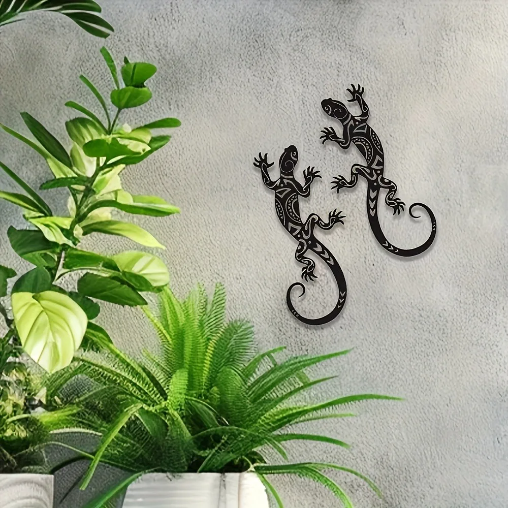 2Pcs Wrought Iron Gecko Wall Art Rustproof Weatherproof Metal Lizard Decor Indoor Outdoor Garden Home Ornament Hook