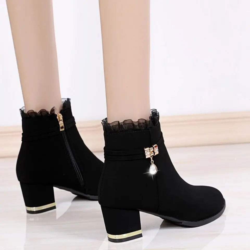 Women's Ankle Boots Lightweight Rhinestone Female Short Shoes Non Slip Trend 2025 Comfortable and Elegant Booties Fashion Y2k Pu