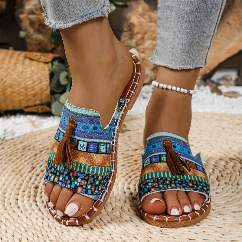 Pantofole con nappe stile nazionale per donna 2025 Primavera ed estate Nuove mezze pantofole con punta aperta in sughero piatto versatile retrò Taglie forti