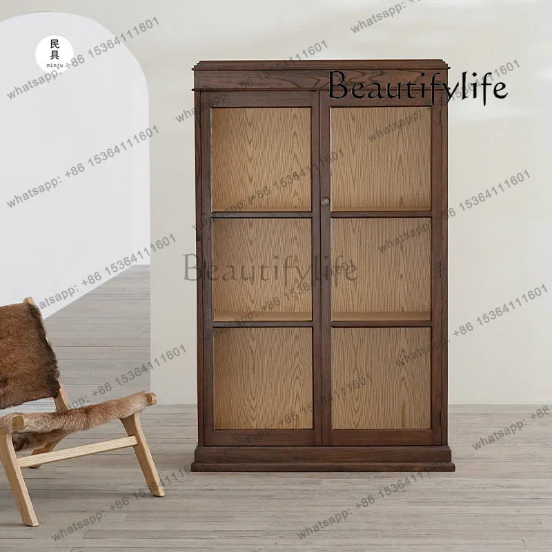 خزانة عرض زجاجية من الخشب الصلب للمنزل القديم الأمريكي الريفي القديم، خزانة جانبية عالية طبق الأصل من اليابانية العتيقة