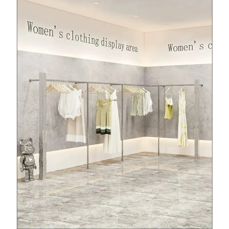 Suporte de exibição de loja de roupas, cabide de suspensão de piso de aço inoxidável, adereços de exibição de rack de roupas