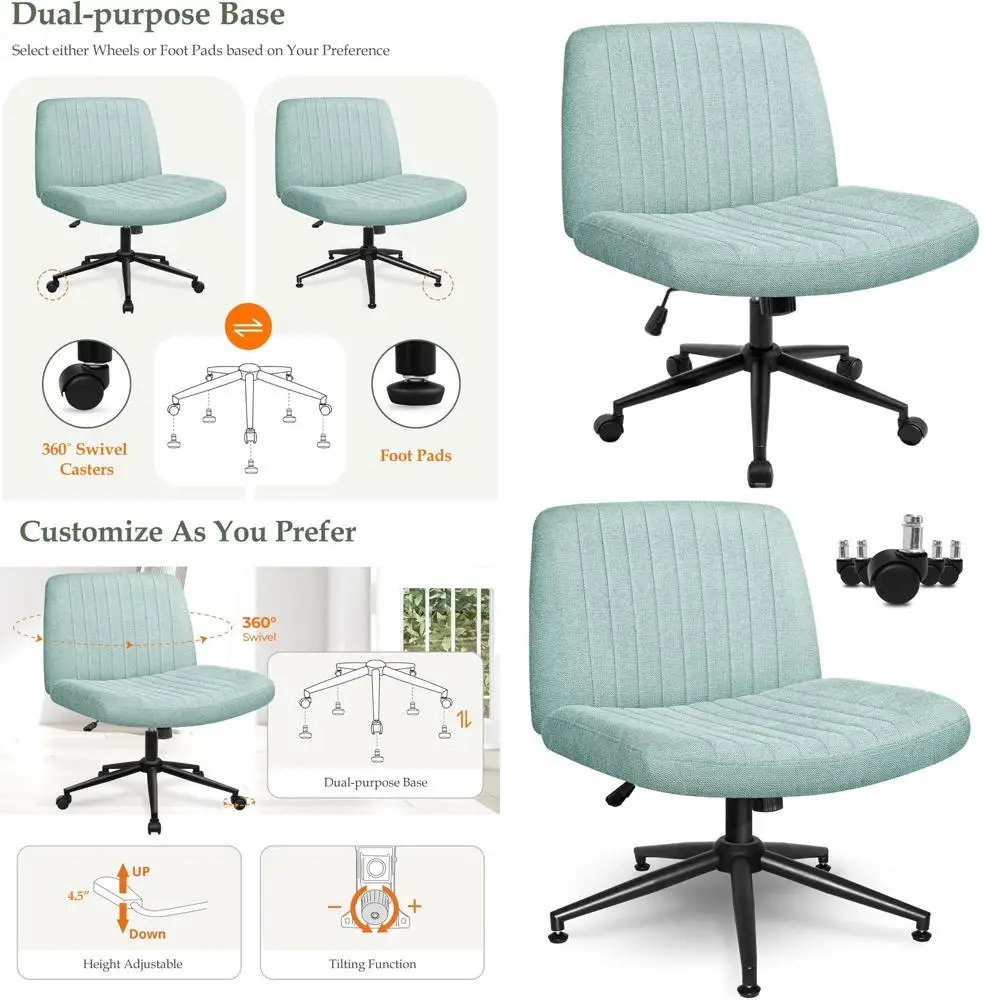 

Adjustable Swivel Dual Base Office Desk Chair with Wide Legs, Mint Fabric Armrests for Home or Computer Task Use