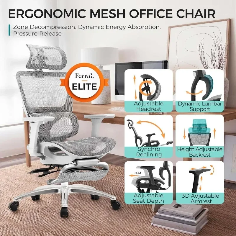 Ergonomischer Bürostuhl, Bürostuhl aus Mesh mit hoher Rückenlehne, adaptiver Lordos stütze, verstellbaren Armlehnen und Sitzt iefe