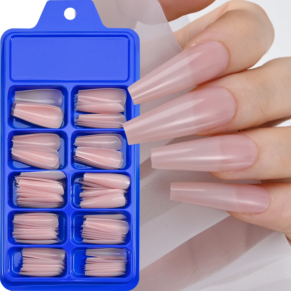 100pcs Nude Pink False Nail Press On Nails Acrylic Extension Coffin Forms Nail Tips Artificial Long Full Cover Fingernails Tools
