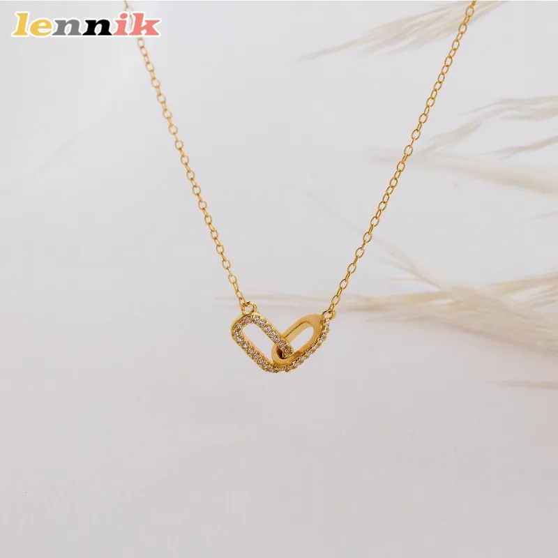 Double Ellipse Interlocking Necklace,Diamond-Accented Plated Pendant,Versatile Elegant Design,2025 New Arrival, Timeless Jewelry