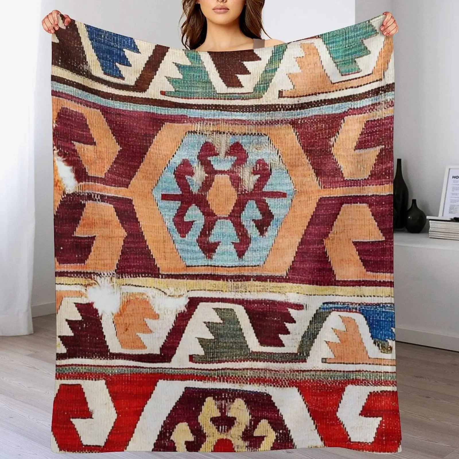 

Konya 18th Century Central Anatolian Kilim Print Throw Blanket All Season Soft Lightweight Blanket for Home