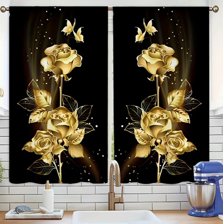 2pcs Semi-Transparent Curtains Featuring A Spring-Summer Black and Golden Rose Theme These Golden Rose and Butterfly Curtains
