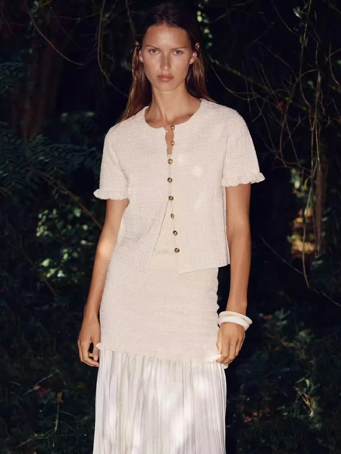 

New Summer Women's Knitted ort Sve round Ne Layered Decoration Faionable Ele Aosphere ZA2025 Commute Sle Str...