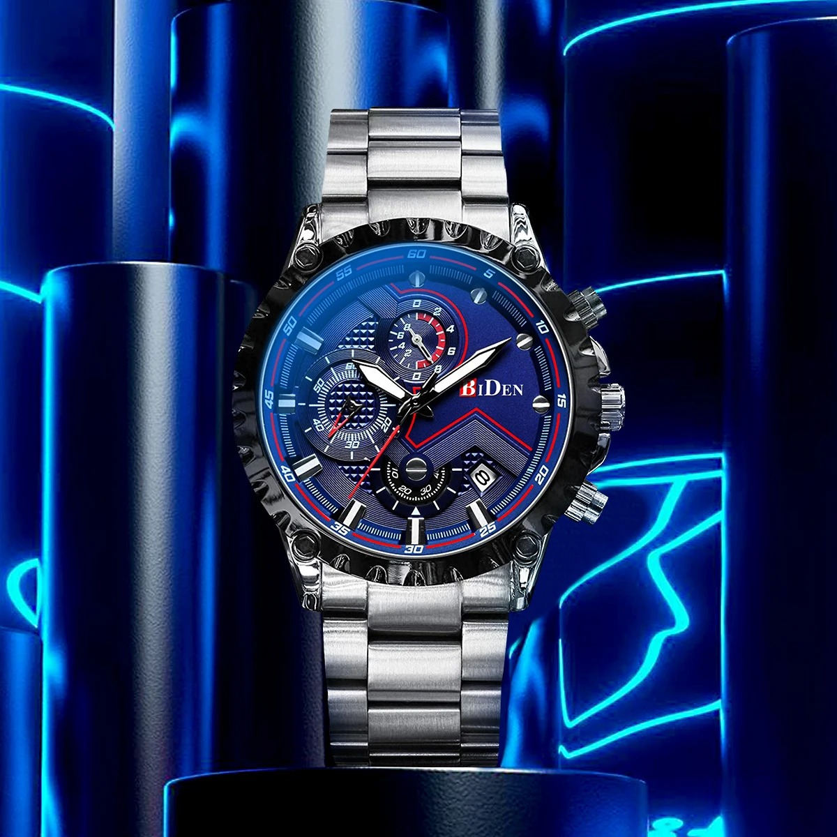 BIDEN Men's Large Dial Quartz Watch Stainless Steel Strap Six Pin Night Light Waterproof Date Men's Watch