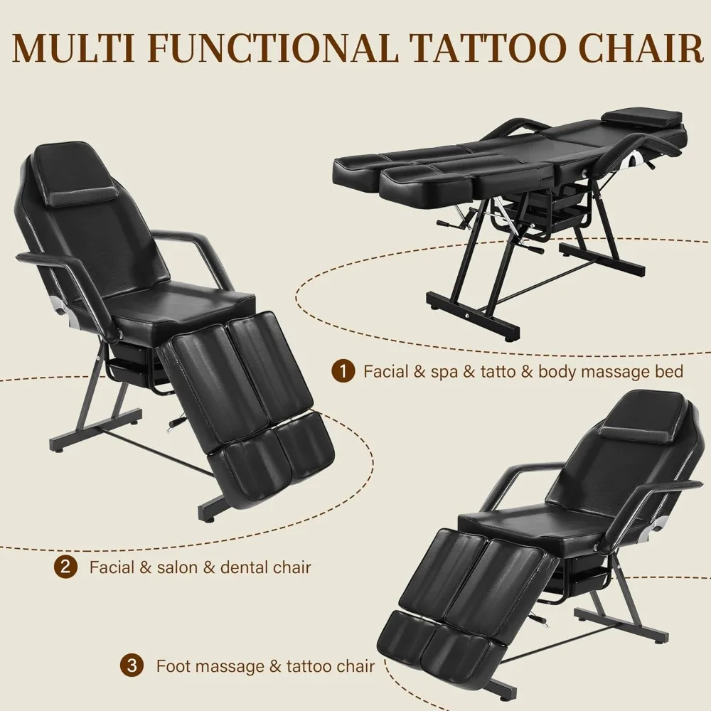 Tattoo Chair for Client, Facial Bed for Esthetician with Hydraulic Stool, Adjustable Massage Table with Split Legs Design