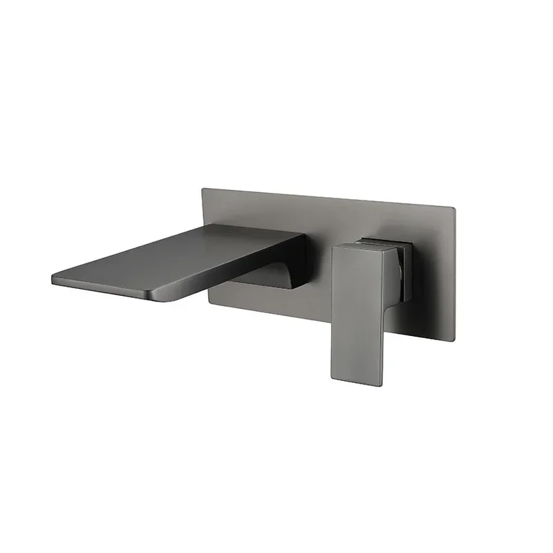 Embedded waterfall basin faucet, all-copper gun ash bathroom embedded basin hot and cold faucet