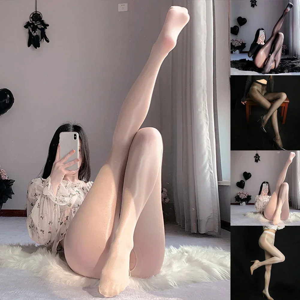 New Women Sissy Crotchless Sexy T-shaped Open Crotch Greasy Transparent Pantyhose Stockings Long Pantyhose Female Stocking