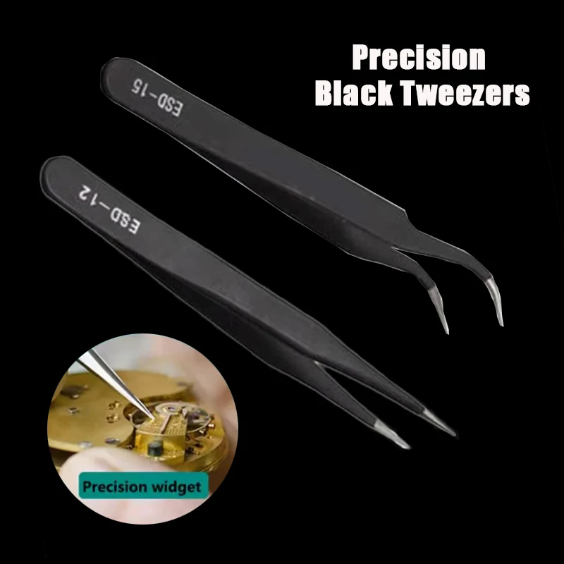 Precision Black Tweezers Stainless Steel Curved Straight Tip Pointed Coil Heat Resistant Antistatic Tweezers