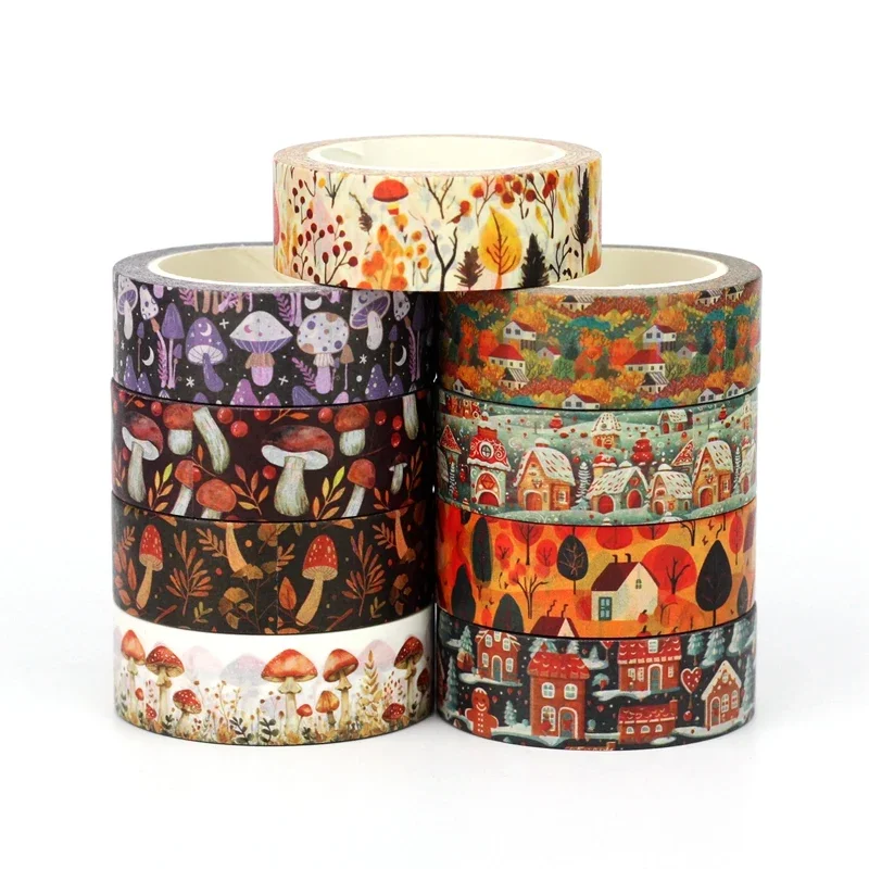 2024 NEW 1X 10M Deco Autumn Leaves Pumpkin Mushrooms House Washi Tape set for Scrapbook Journaling Masking Tape Cute Stationery