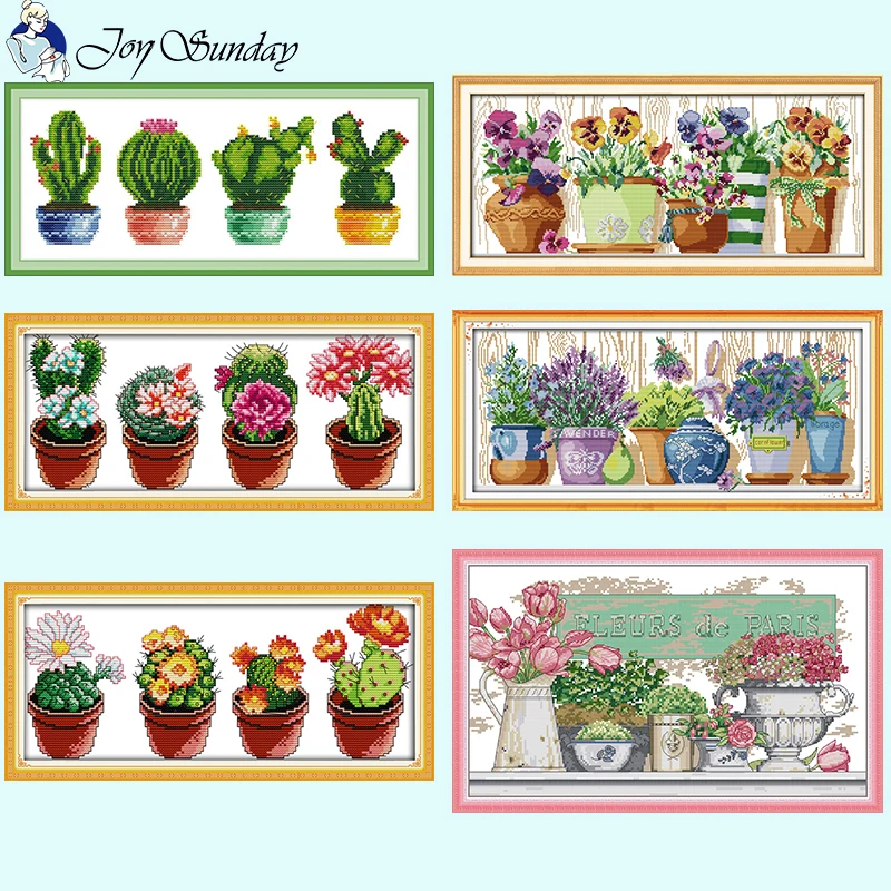 

Joy Sunday Potted Cactus and Flowers Series Cross Stitch Kits Aida 14ct 11ct Canvas Fabric DMC Thread Set DIY Embroidery Crafts