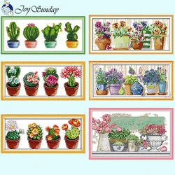 Joy Sunday Serie di cactus e fiori in vaso Kit punto croce Aida 14ct 11ct Tessuto su tela DMC Set di fili Artigianato da ricamo fai da te