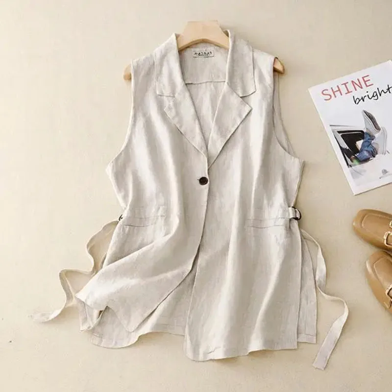 Ladies New High-End Solid Color Cotton And Linen Fashion Temperament Vest Sleeveless Suit Vest Soft And Unique Joker Vest Coat
