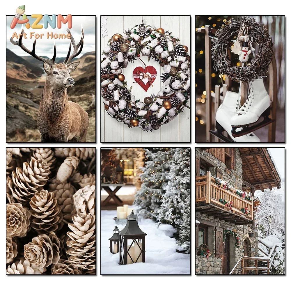 AZNM Rustic Christmas Canvas Wall Art Winter Deer Pine Cone Wreath Cabin Holiday Decor Picture Unframed Canvas Home Decor Painti