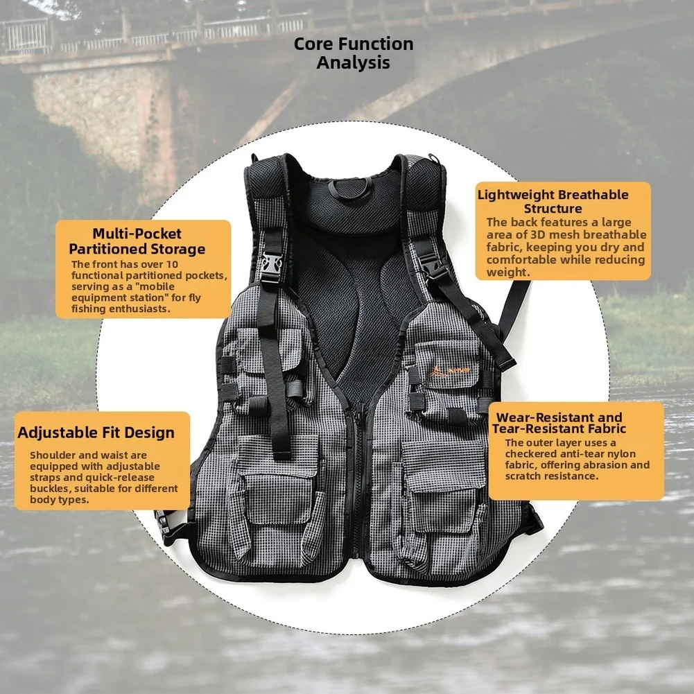 Fly Fishing Vest Built for Durability and Function 10+ Pockets Reinforced Nylon Adjustable Straps 3D Mesh Ventilation