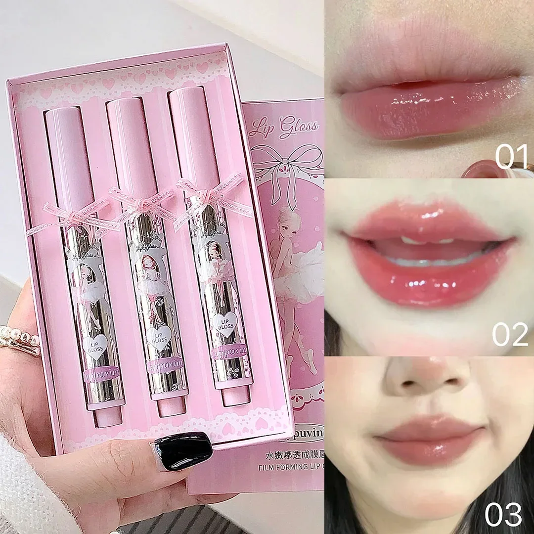 Ballet Girls Mirror Crystal Lip Gloss Makeup Set Water Glass Lip Glaze Waterproof Film Forming Sponge Head Jelly Lip Tint Kit