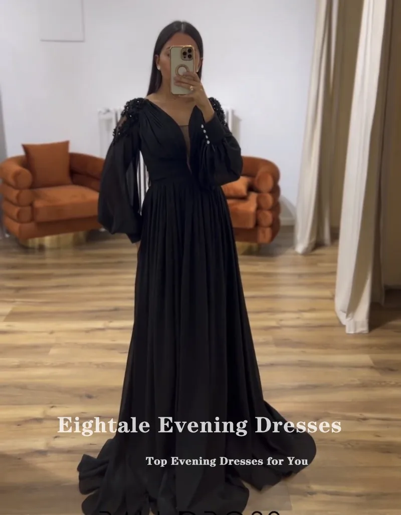 Eightale Arabic Evening Dresses for Wedding Party Long Puffy Sleeves Appliques V-Neck Black Formal Prom Gowns robe femme soirée