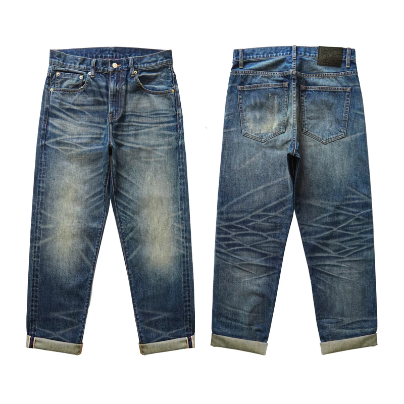 

Vintage Heavy Waed Straight Leg Jeans Men's Retro Distred Red Ear Denim Pants High Waist Long Trousers for Youth