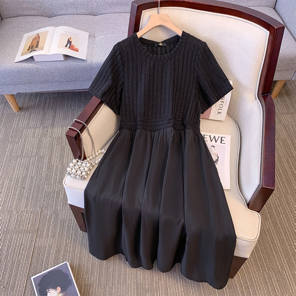 Summer Plus Size Women's Black Round Neck Knit Striped Short Sleeve Top Dress Simple Splicing Thin Casual Loose Long Skirt